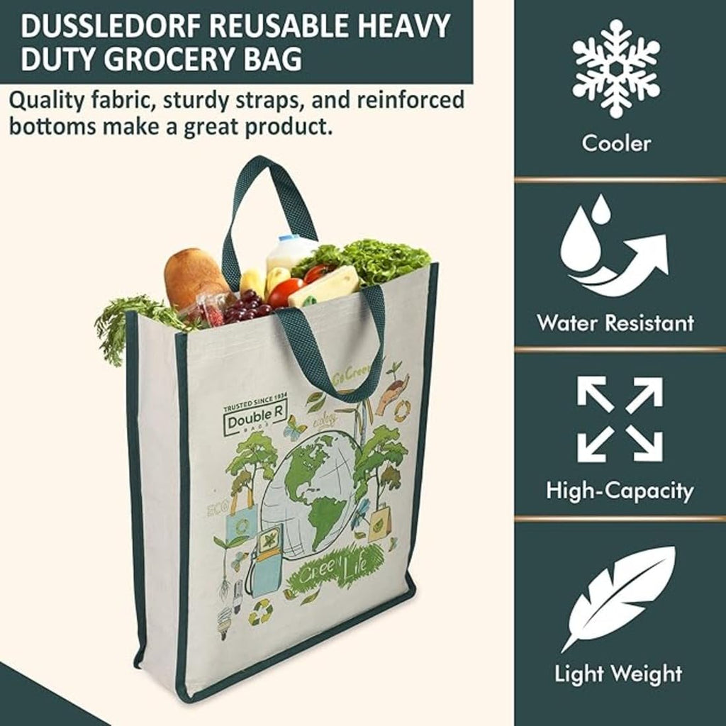 DOUBLE R BAGS Unisex Eco-Friendly Reusable Cotton Canvas Casual Bag with Reinforced Handles (Green Life, 40.6x35x10 cm) | Multi-Purpose Grocery, Kitchen Essentials, Fruits & Veggies Bag | Pack of 1