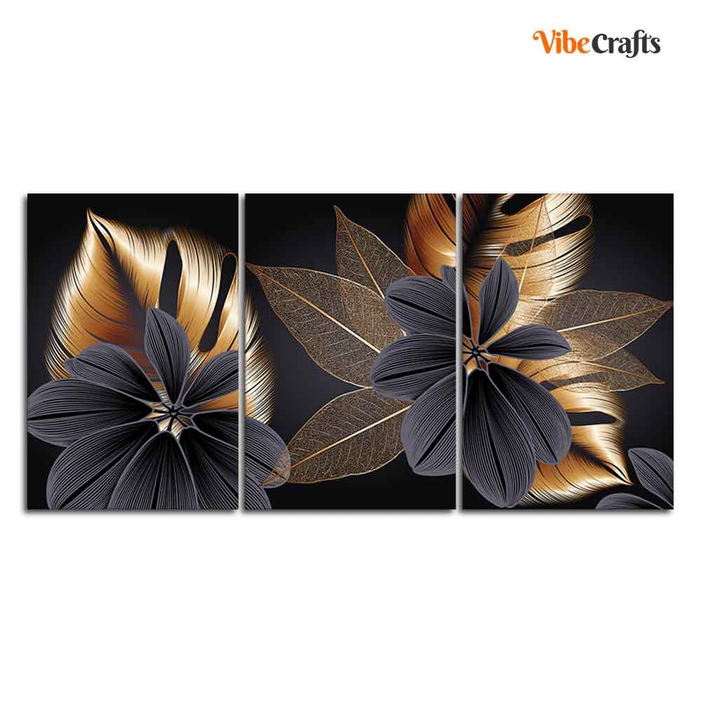 VIBECRAFTS Beautiful Golden Leaf Flower 3 Pieces Canvas Wall Painting Fitted With Wooden Frame For Home | Office | Living Room | Gifts(PTVC3Pcs3_11519N)