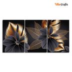 VIBECRAFTS Beautiful Golden Leaf Flower 3 Pieces Canvas Wall Painting Fitted With Wooden Frame For Home | Office | Living Room | Gifts(PTVC3Pcs3_11519N)