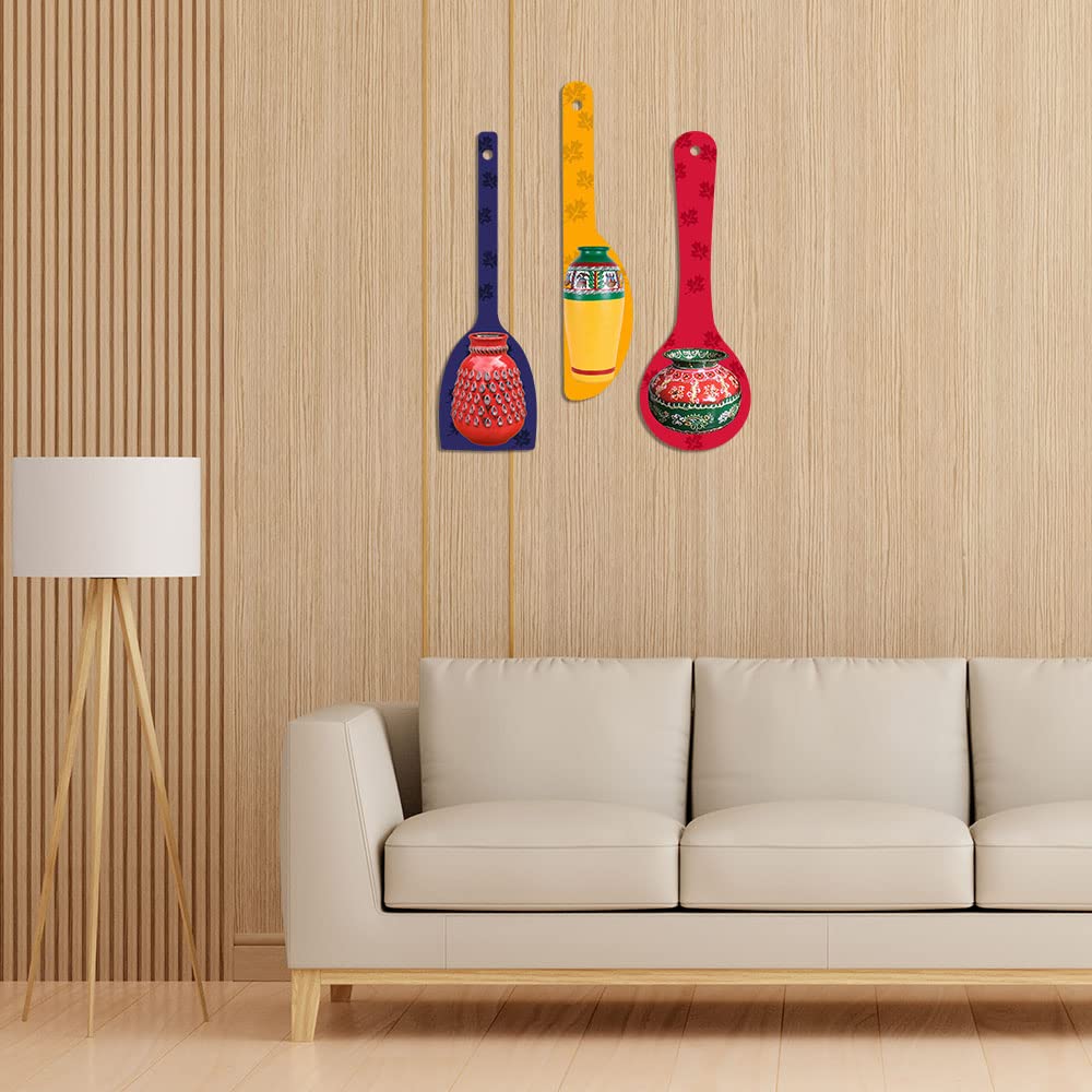 Artvibes Traditional Indian Hand Painted Pots Decorative Wall Hanging Ornaments | Modern Decoration Items | Living Room | Bedroom | Office | Artwork | Wall Poster | Unique Gift (WH_5013N), Set of 3