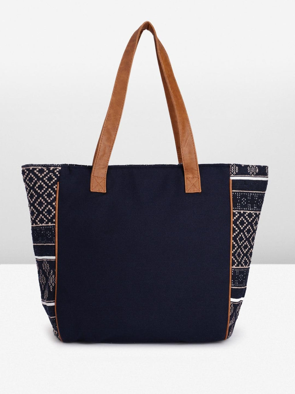 PRIMROSE Chevron Pattern Tote Bag with Tassels, Beige and Multi-Colour (Navy Blue)