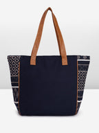 PRIMROSE Chevron Pattern Tote Bag with Tassels, Beige and Multi-Colour (Navy Blue)