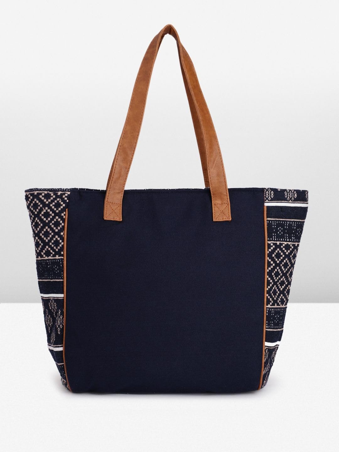 PRIMROSE Chevron Pattern Tote Bag with Tassels, Beige and Multi-Colour (Navy Blue)