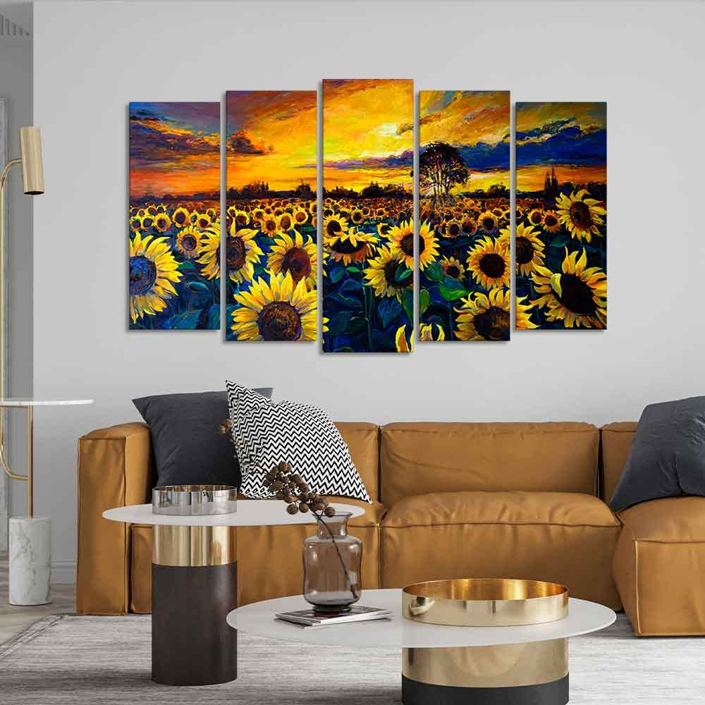 VIBECRAFTS Beautiful Sunflower Garden Canvas Wall Painting of Five Pieces For Home|Office|Living Room|Gift (PTVC5Pcs2_6597)