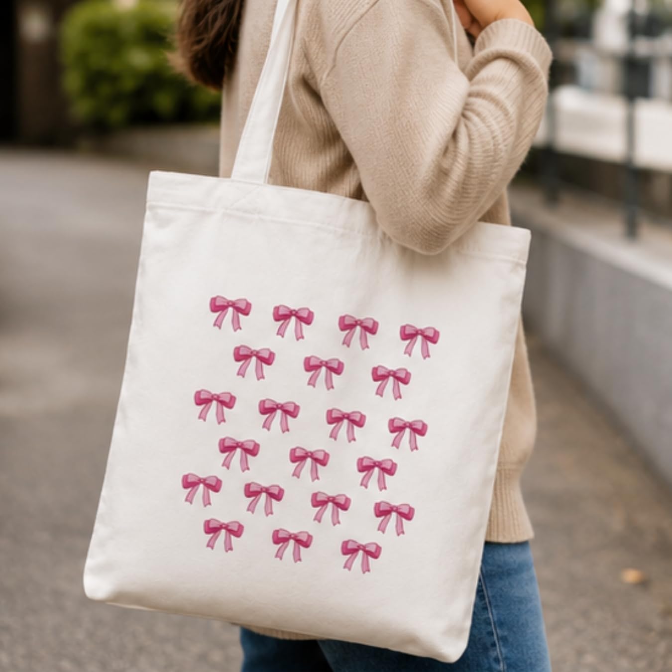 Adorvue Premium Reusable Cute Bows Printed Tote Bag Stylish Eco-Friendly Cotton Handbags, Canvas Bags for College, Shopping, Office, Travel, Grocery Runs, Beach Day and Casual Outing Pack of 1