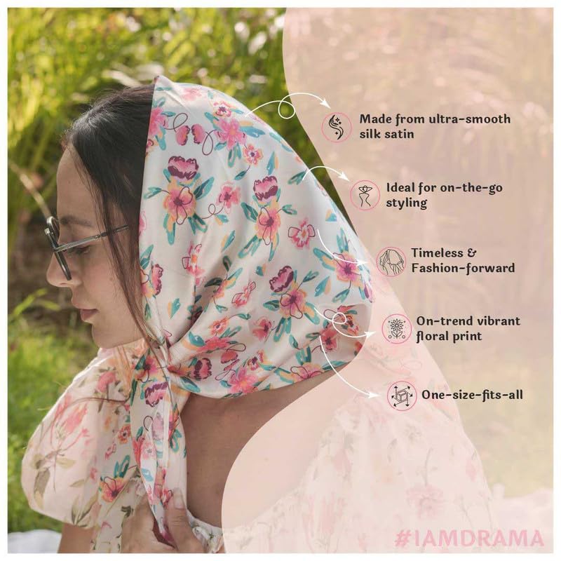 Hair Drama Co. Bloom Floral Print Bandana Head Scarf for Women | Silk Satin Head Wrap Bandana Scarves | Boho Style Statement Headband Stylish Design | All Day Wear Scarves | Hair Scarf Accessories