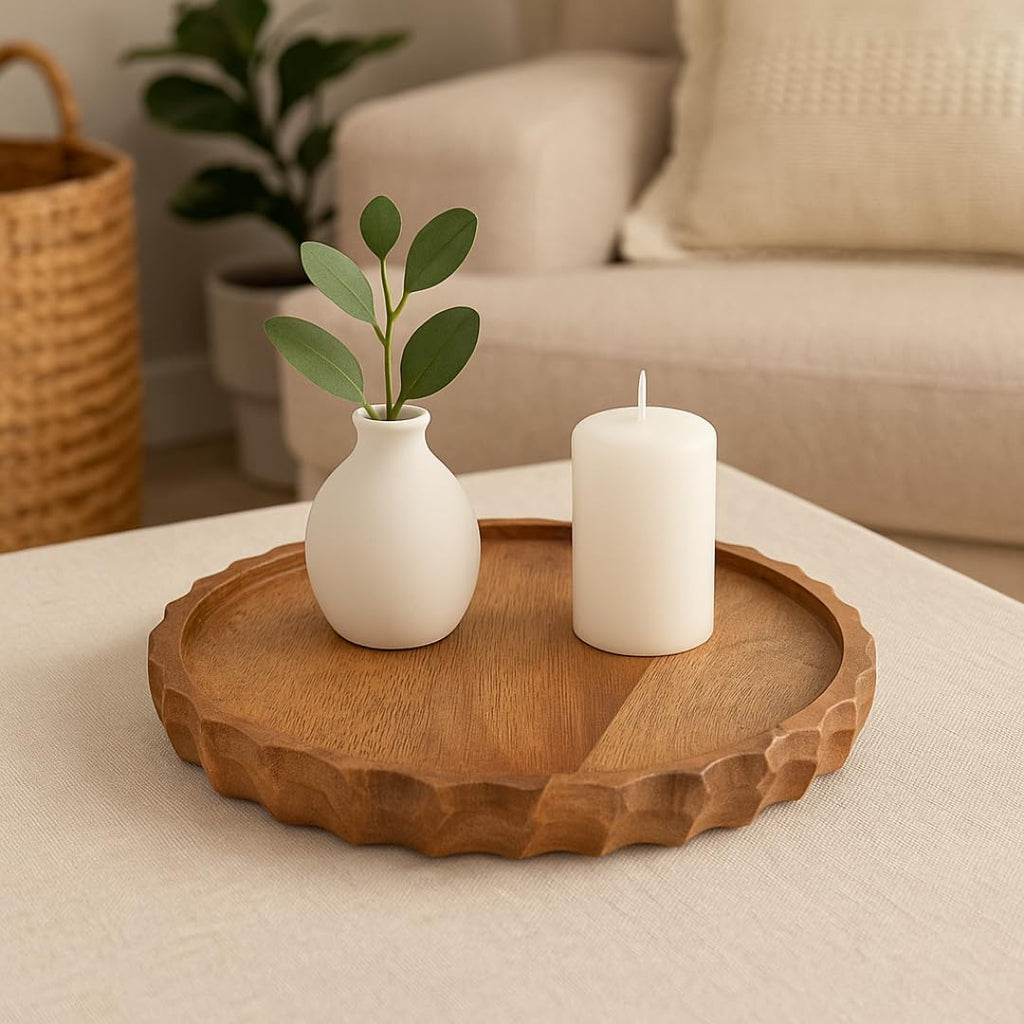 FABULO 10-Inch Round Wooden Serving Tray | Decorative Tray For Table & Kitchen | Stylish Home Decor & Table Organizer.