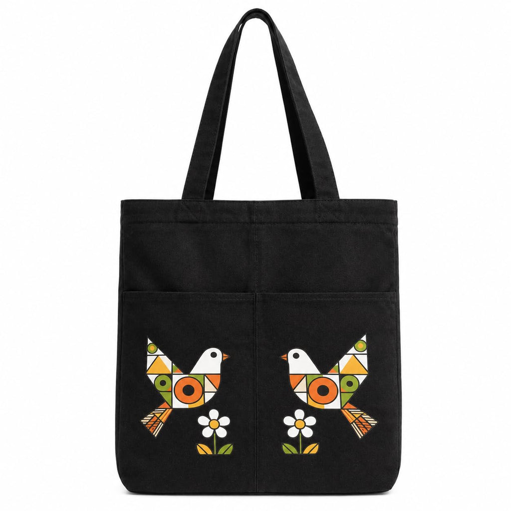 Suryatra Folk Art Mosaic Canvas Tote Bag for Women & Men | Premium Cotton Canvas Shoulder Bag with Dual Front Pockets | Tote Bag for Office, College, Shopping & Travel | Black | 14 x 16 Inches