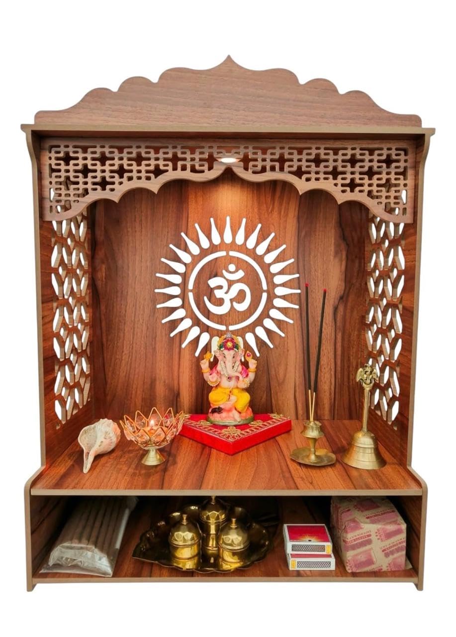 Bien Verrerie Wooden Home Temple/Mandir for Pooja, Built-in Light, Decorative Jali Work, Including Top 21 inches Tall Temple for Home, Office and Shop