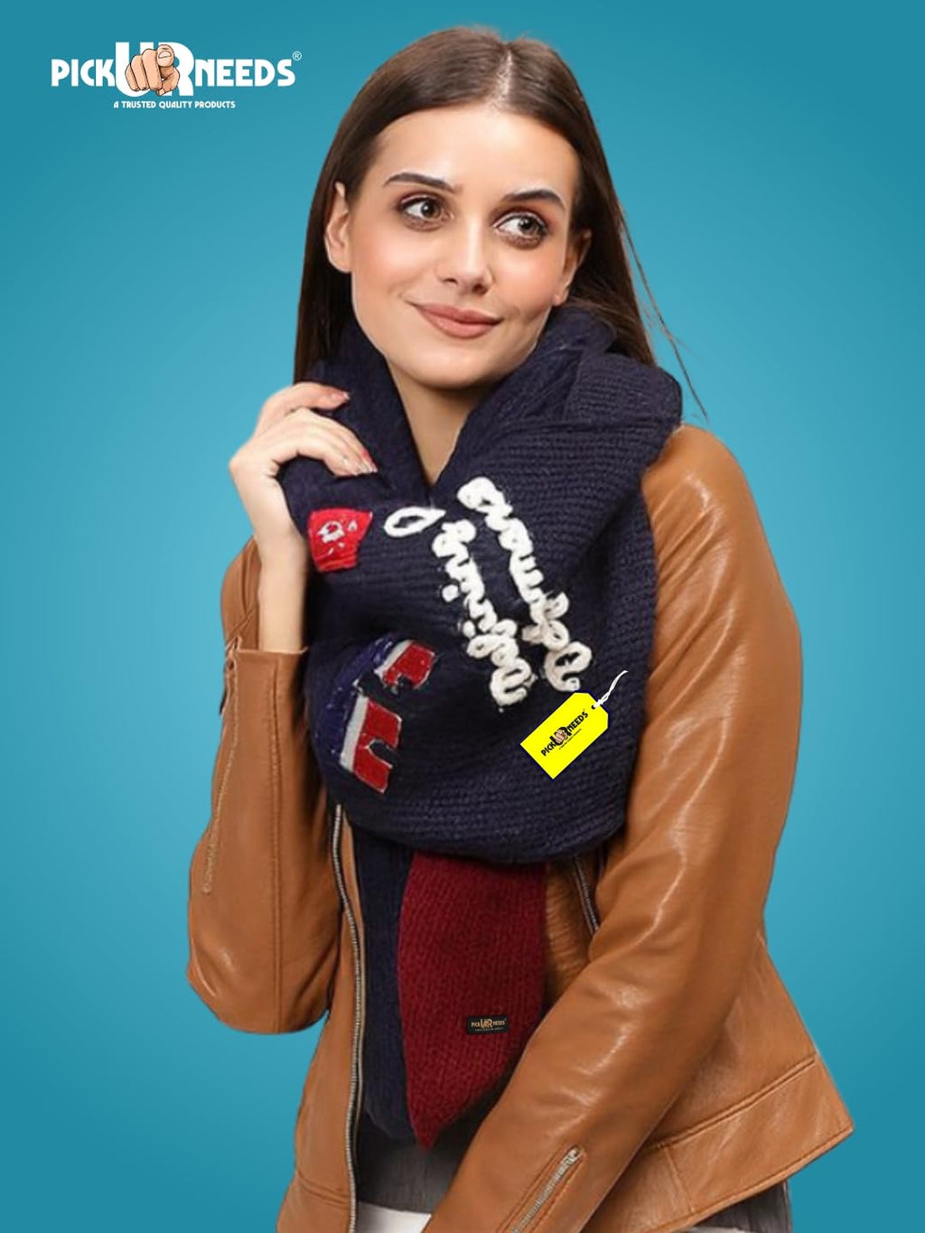Pick Ur Needs Women Winter Woolen Muffler with Trendy Patch Design Soft Warm Knitted Scarf for Girls & Ladies Stylish Casual Mufflers (Navy Blue)