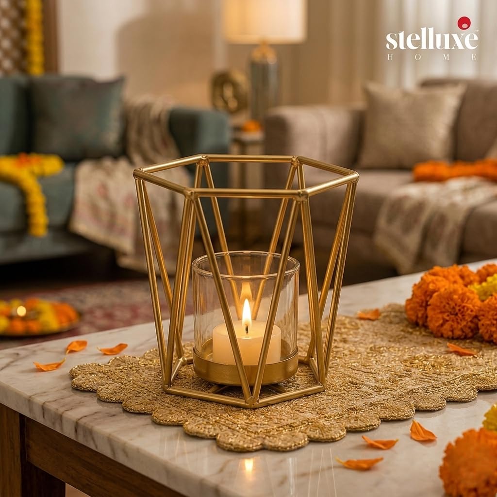 Stelluxe Geometric Gold Tealight Candle Holder with Glass Votive Cup, Modern Metal Lantern Style Candle Stand, Decorative Table Centerpiece for Home Decor, Wedding, Festival and Gift