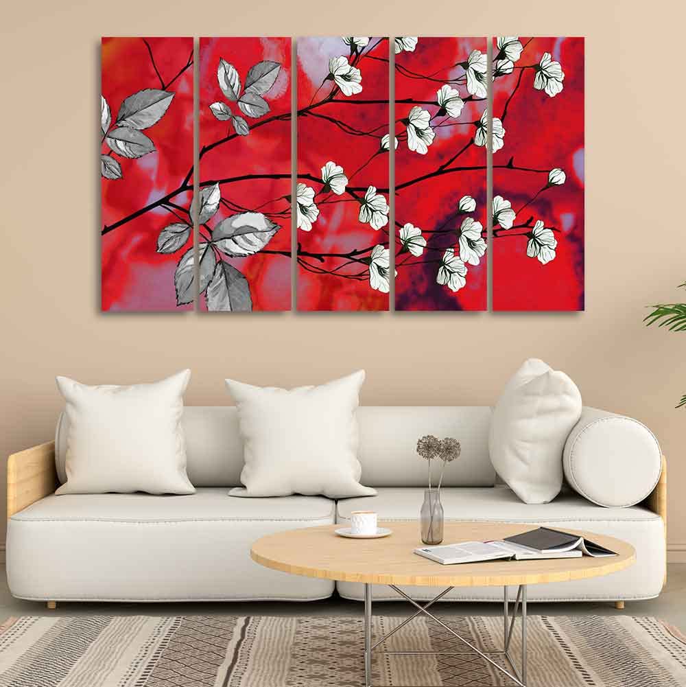 VIBECRAFTS Premium Canvas Abstract Art Painting of White Flowers Set of Five For Home|Office|Living Room|Gift (PTVC5Pcs4_8651)