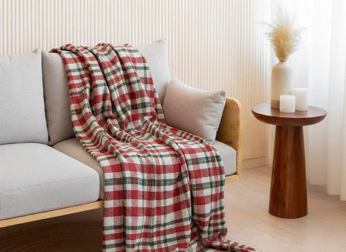 KNIT VIBES 100% Cotton Waffle Weave Sofa Throw Blanket 50x60 Inches or 125x150 cms Lightweight, Soft & Breathable Couch, Bed or Chair Throw Blanket for Living or Bedroom, Red White Checkered Kafalo