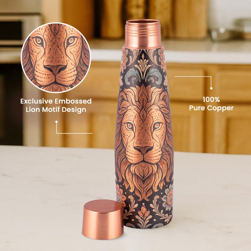 Vip luxe Copper Bottle | Lion Motif | UV Printed Design | Pure Copper Water Bottle for Health & Wellness | 900 ml Capacity