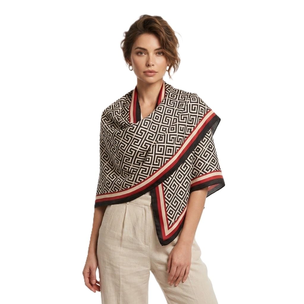 Alexvyan Satin Silk Summer Scarves 180 x 84 cm, Greca Pattern with Stitched Border, Lightweight Fashion Scarf for Women Sun Protection Stole