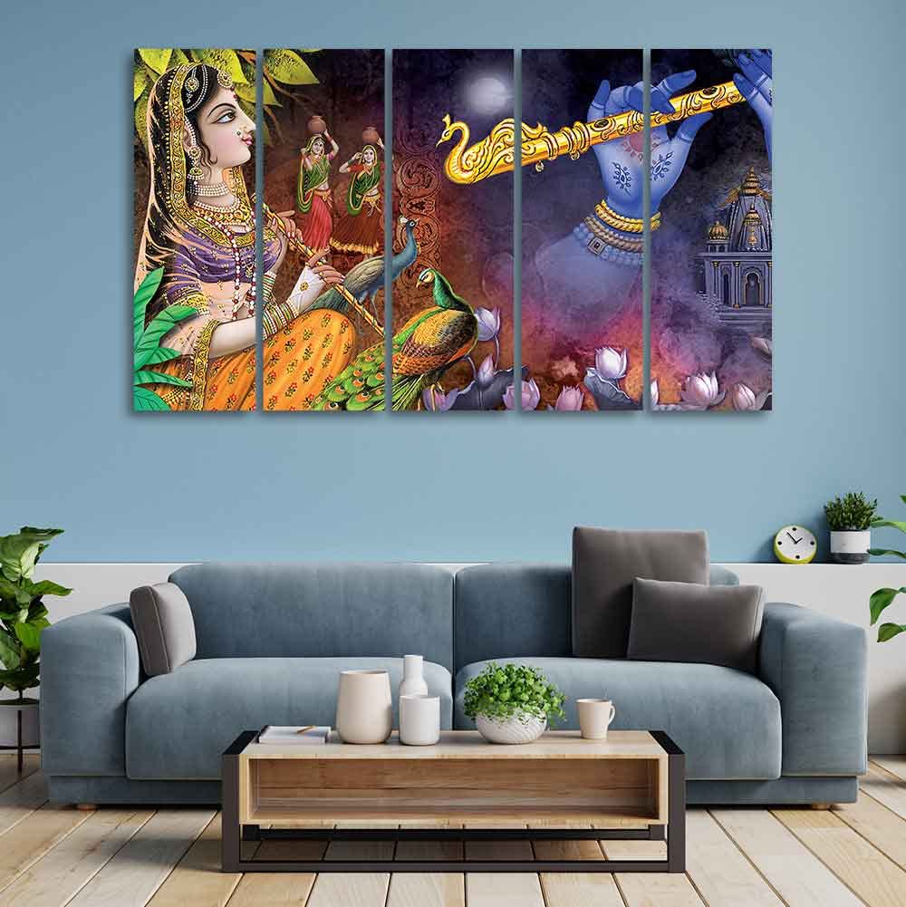 VIBECRAFTS Five Pieces Wall Painting of Radha Krishna Warli Art For Home|Office|Living Room|Gift (PTVC5Pcs4_8729)