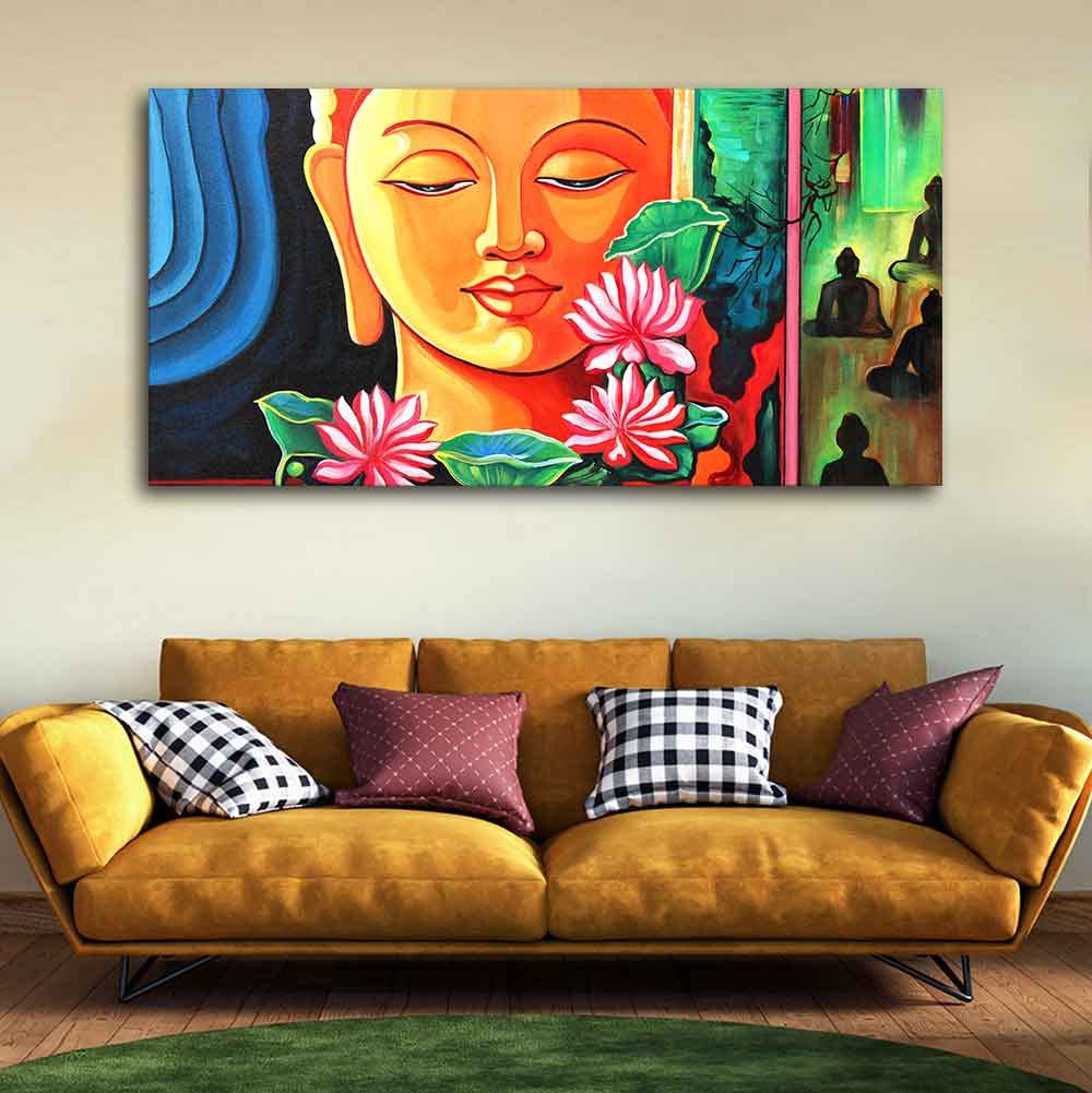 VIBECRAFTS Canvas Paintings for Living Room Drawing Room Spiritual Gautam Buddha Canvas Wall Painting Fitted With Wooden Frame For Home | Office | Living Room | Gift (PTVCH_2499)
