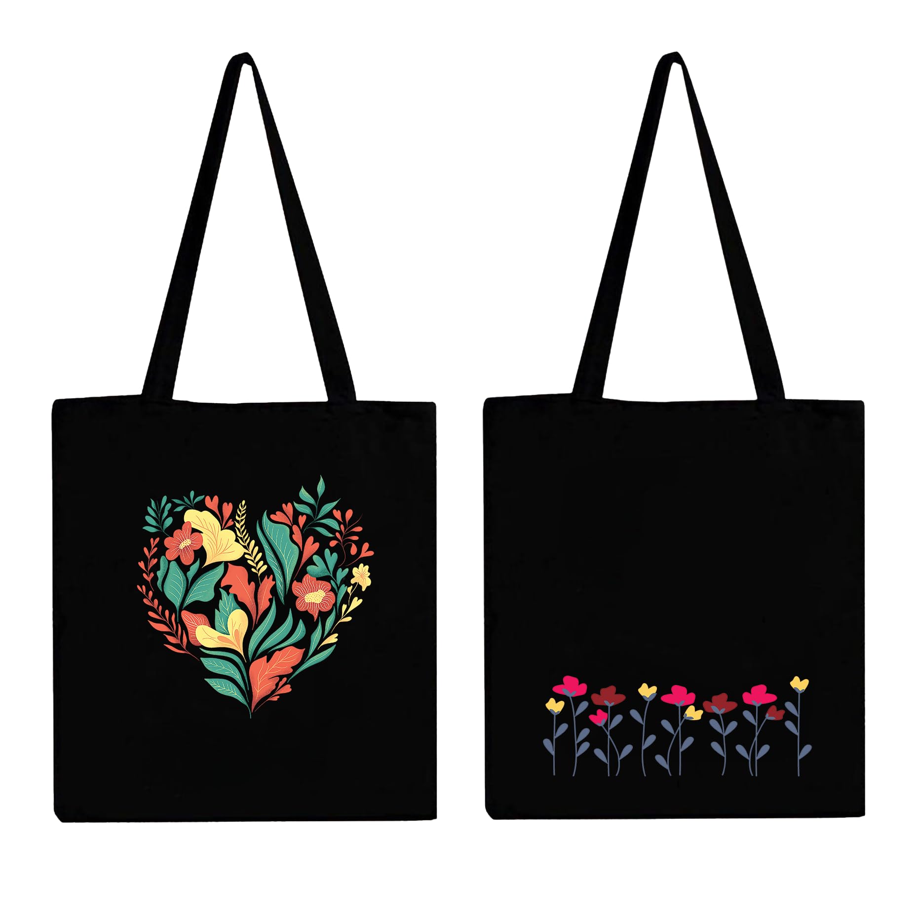 Peach Blossom Reusable Zipper and Pouch Tote Bags, 100% Cotton Shopping/Grocery Bag, Multi-Purpose Bag 5kgs Capacity, 2 Pack (BlackLineFlow_BlackHeart)