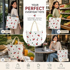 Cherry Print Canvas Tote Bag for Women, Cute Cotton Shoulder Handbag with Magnetic Button Closure, Reusable Shopping Bag for College, Office, Travel & Daily Use (31 x 25 cm, White)