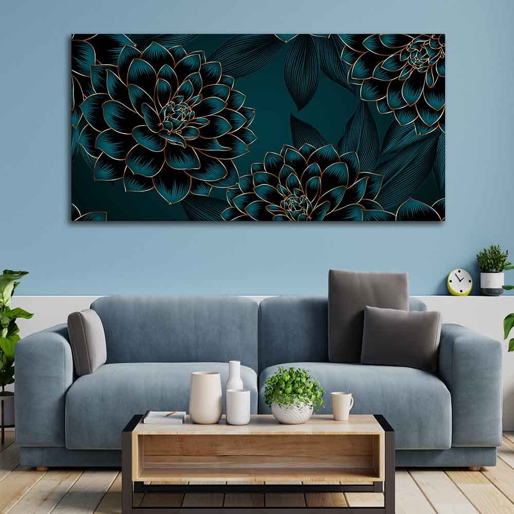 VIBECRAFTS Canvas Paintings for Living Room Drawing Room Golden Flowers Dahlia And Leaves Canvas Wall Painting Fitted With Wooden Frame For Home | Office | Living Room | Gifts (PTVCH_2536)