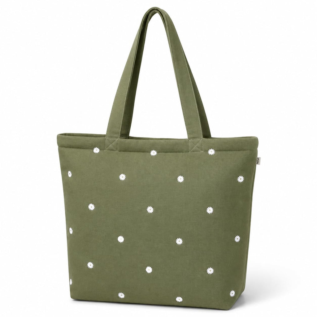 MASQ Premium ToteBag for Women with Zipper | Embroidered Foldable Shoulder Bag with Multiple Pockets | Spacious Handbag for College & Office | Eco-Friendly & Reusable (AP_TB_Olive_Daisy_01)