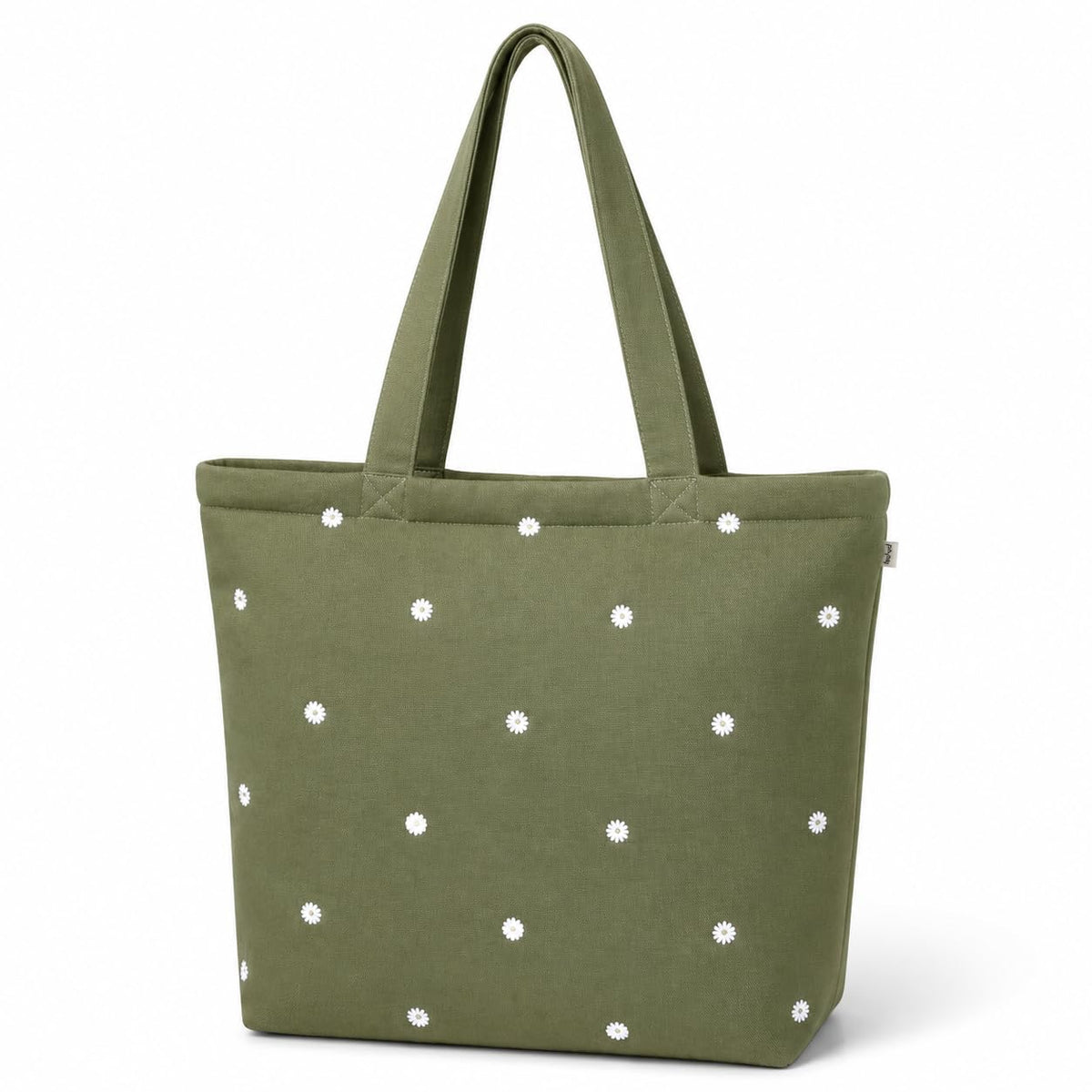 MASQ Premium ToteBag for Women with Zipper | Embroidered Foldable Shoulder Bag with Multiple Pockets | Spacious Handbag for College & Office | Eco-Friendly & Reusable (AP_TB_Olive_Daisy_01)