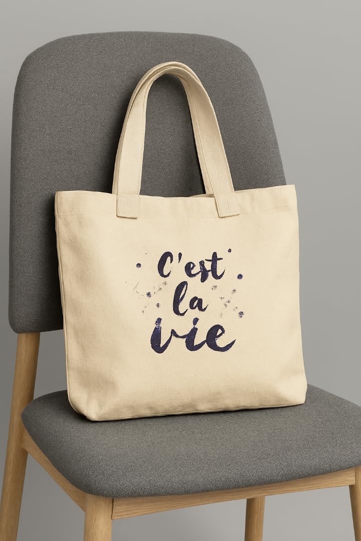 RAL Heavy Duty 400 GSM Cotton Canvas Tote Bag for Women | Printed Shoulder Bag for Office, College & Grocery | Reusable Eco-Friendly Shopping Tote (38 x 9 x 32 cm) (C'est La Vie Print)