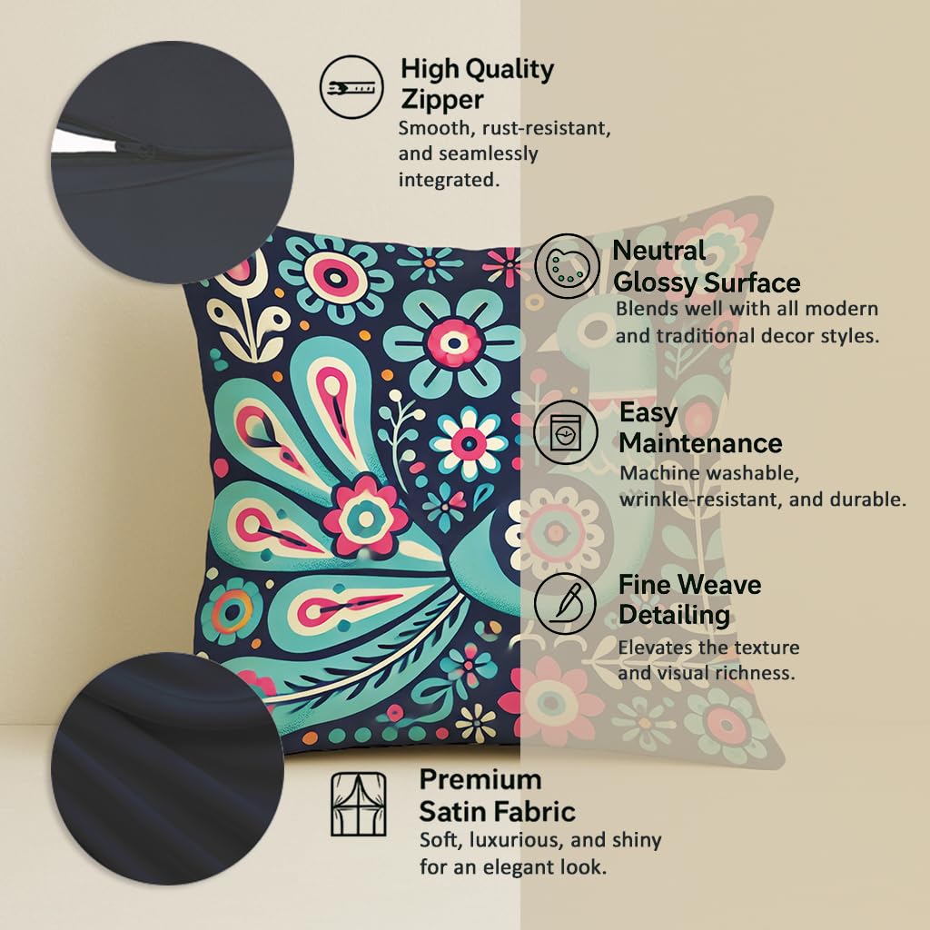 STITCHNEST Folk Art Satin Cushion Covers Peacock & Botanical Motif, 16x16 Inches, Decorative Set for Living Room (Pack of 5)