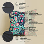 STITCHNEST Folk Art Satin Cushion Covers Peacock & Botanical Motif, 16x16 Inches, Decorative Set for Living Room (Pack of 5)