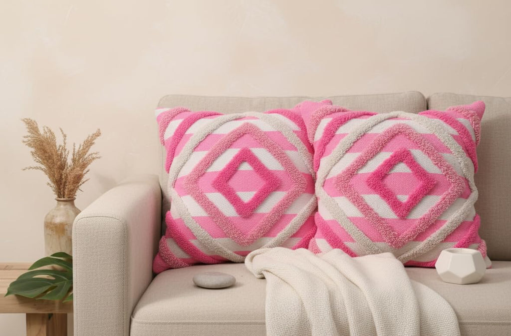 Furnistitchs Premium Decorative Throw Cushion Pillow Cover Boho Home Decor - Living Room Bedroom Couch Sofa Cushion Covers 16 inch x 16 inch (2, Cream Geometry)