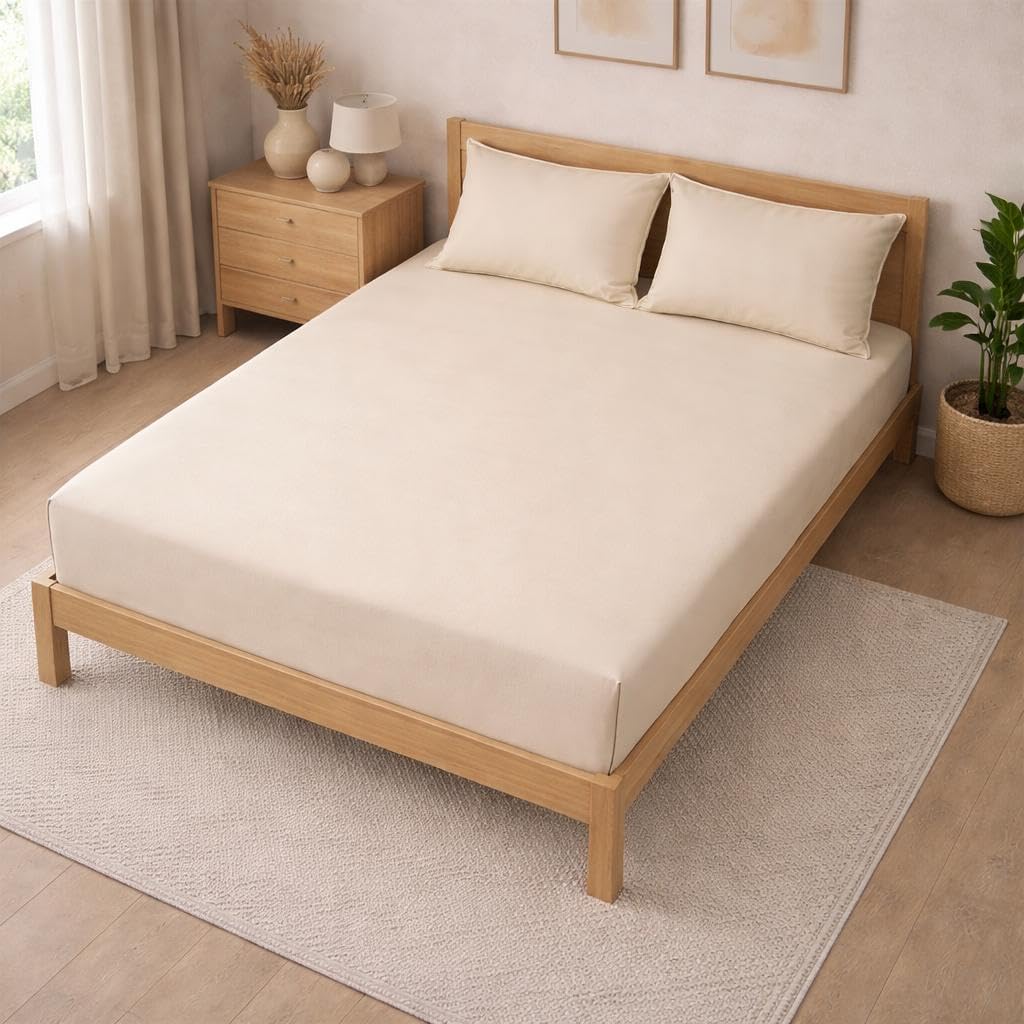 THE HOME STYLE Solid Cotton Feel Pillow Covers (18 x 28 inches, Set of 2 Pcs) | 300 TC | Super Soft & Smooth (Vanilla)