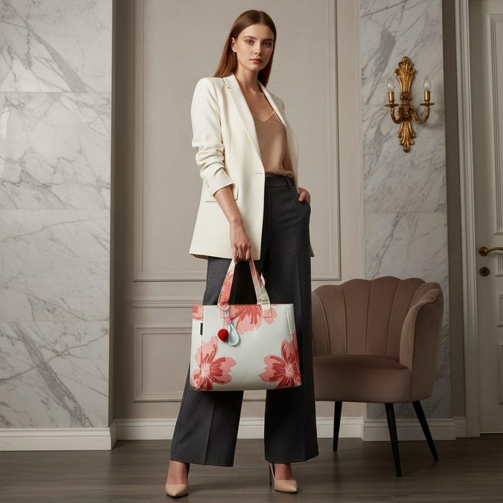 ENSAC Floral Print Tote Bag for Women | Stylish Office bag & Canvas Travel Handbag | Shopper and Shoulder Bag Lightweight Handbag with Multi Compartment | Travel, Office, Gym & Daily Use