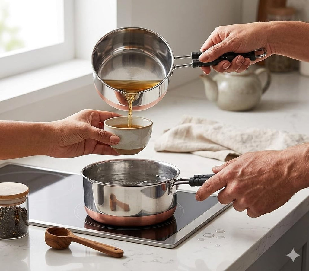 GlamourShop Tea Pan Stainless Steel Copper Bottom Sauce Pan Milk Pan Tapeli Patila Induction Base Sauce Pot Milk Boiler with Handle Set of 2 Pcs (1 Litr & 1.5 Litr)