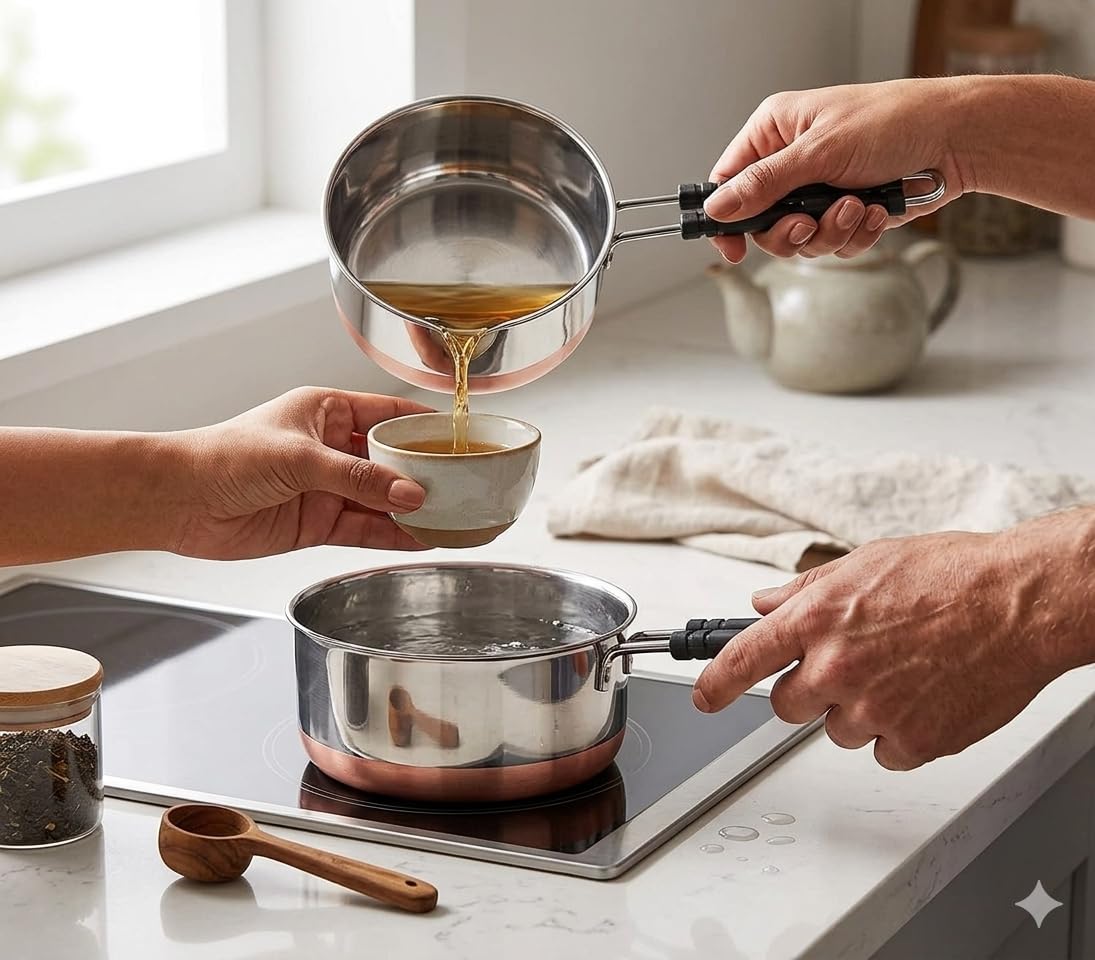 GlamourShop Tea Pan Stainless Steel Copper Bottom Sauce Pan Milk Pan Tapeli Patila Induction Base Sauce Pot Milk Boiler with Handle Set of 2 Pcs (1 Litr & 1.5 Litr)