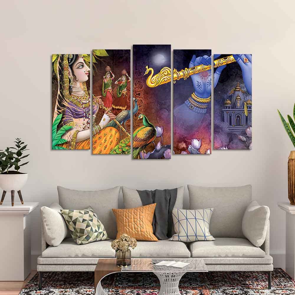 VIBECRAFTS Five Pieces Wall Painting Set of Radha Krishna Warli Art For Home|Office|Living Room|Gift (PTVC5Pcs2_6609)
