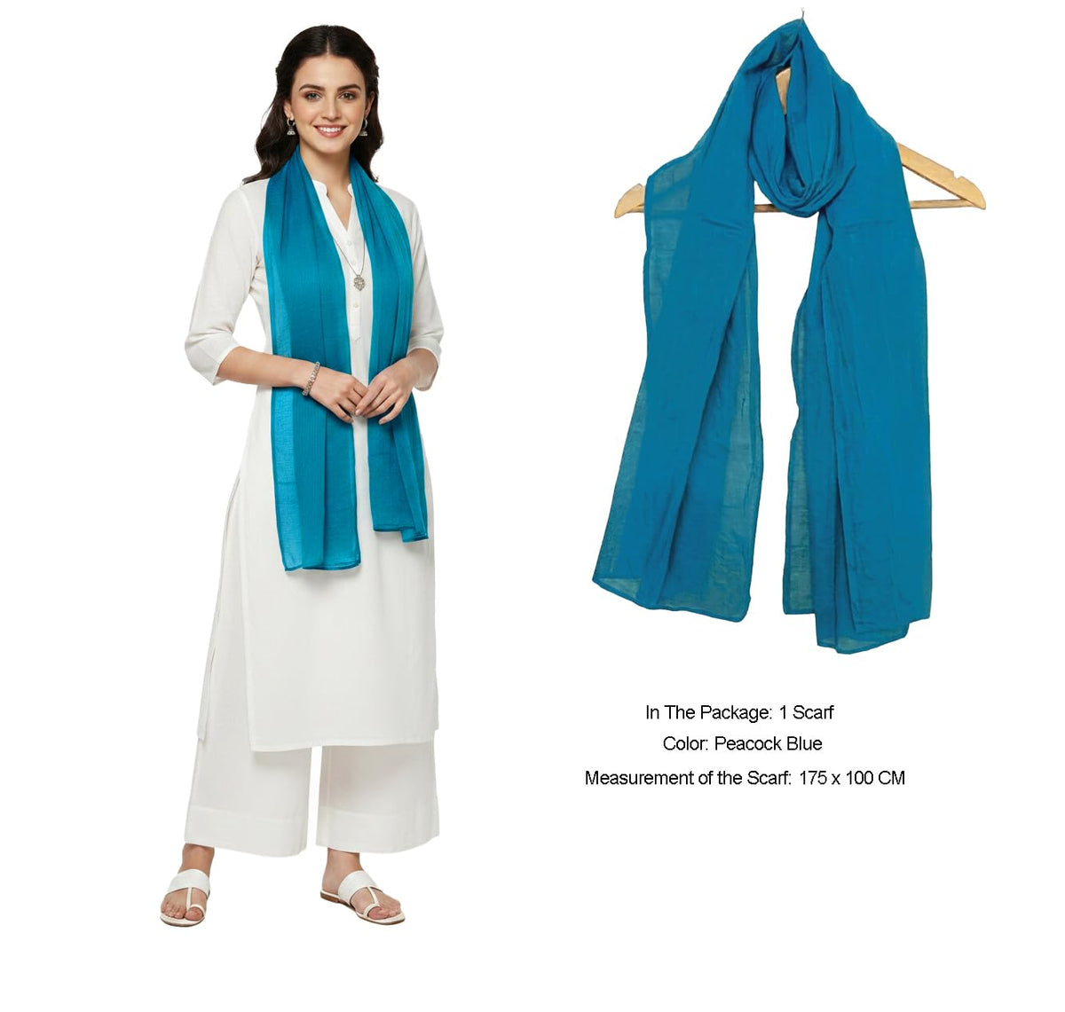 Pure Cotton Scarf Stole for Women, 175 x 100 cm, Lightweight, Versatile, Multiple Colours (Peacock Blue)
