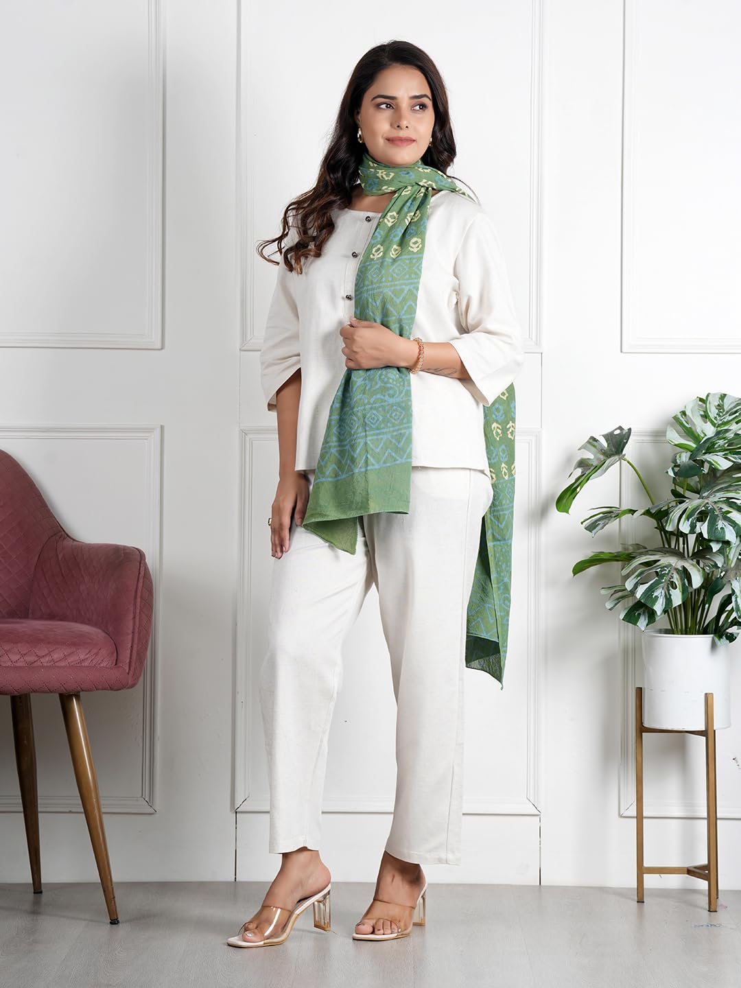 RAI SAHAB Printed Cotton Scarf for Women, Lightweight Soft Scarves Stoles for Summer & Winter(ST-79GRN10)