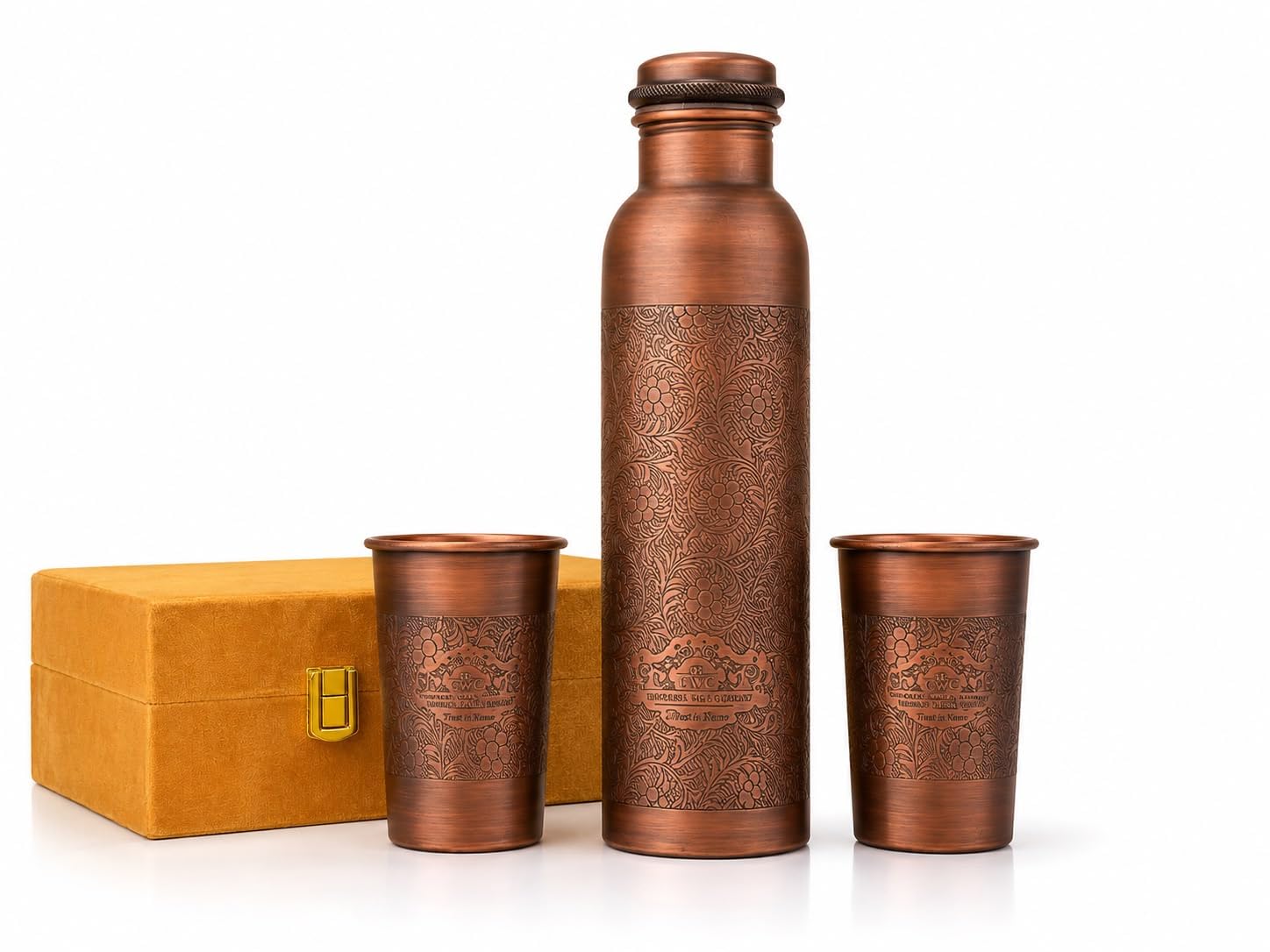 cWc Pure Copper Water Bottle with 2 Copper Glasses | Soft Touch Finish | Leakproof Copper Bottle for Drinking Water | Ayurvedic Health Benefits | BPA Free | Ideal for Home, Office & Gift