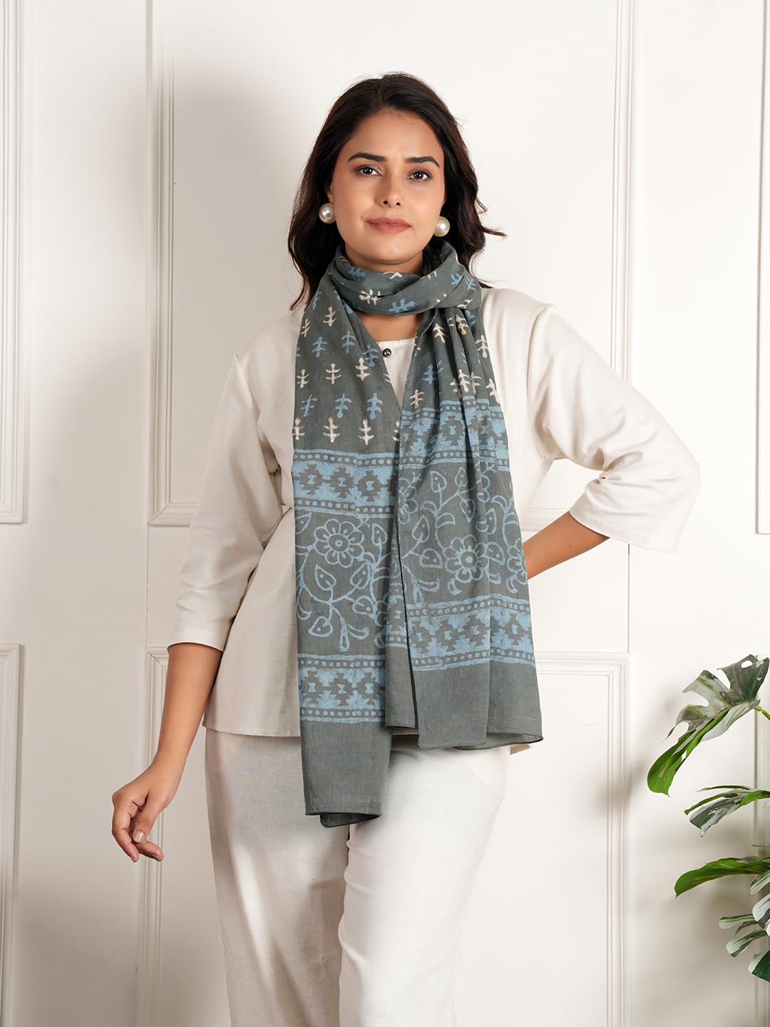 RAI SAHAB Printed Cotton Scarf for Women, Lightweight Soft Scarves Stoles for Summer & Winter(ST-91GREY10)