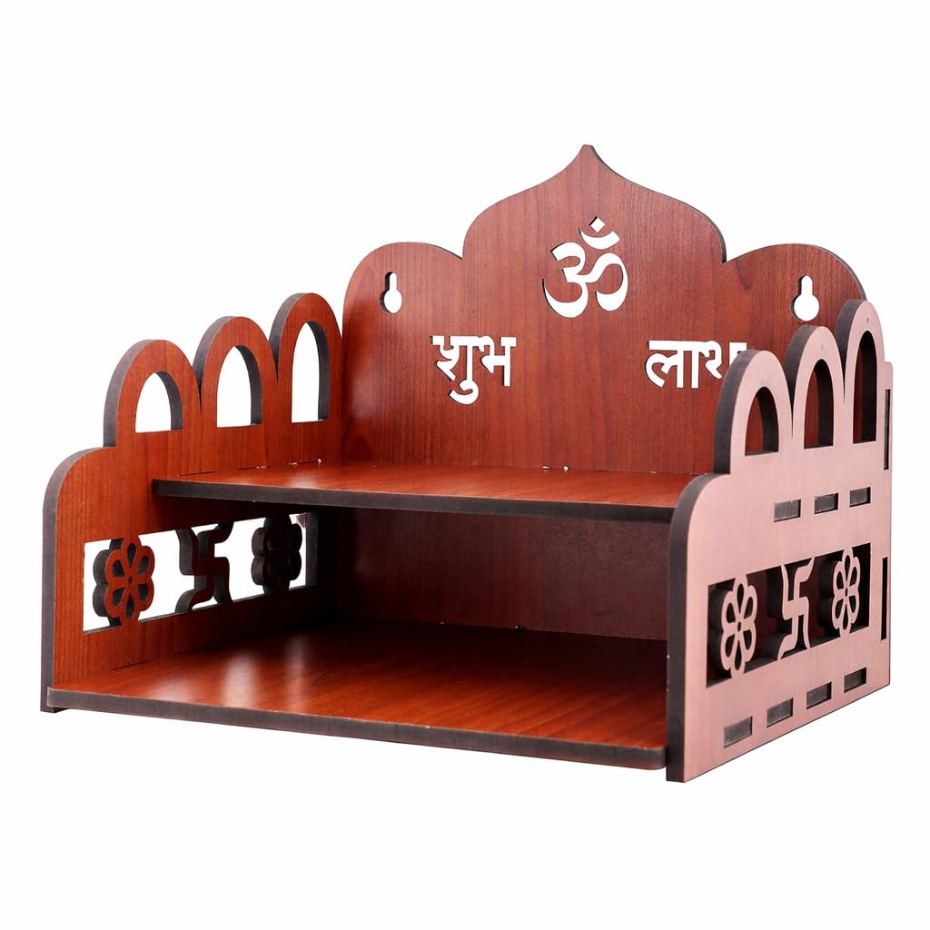 KALMANJUH Wooden Decorative Mandir for Home | Wall Mounted Pooja Stand with Shelves | Ideal Temple for Home,Flats, Offices & Small Spaces Size-20.3D x 20.3W x 22.9H Centimeters