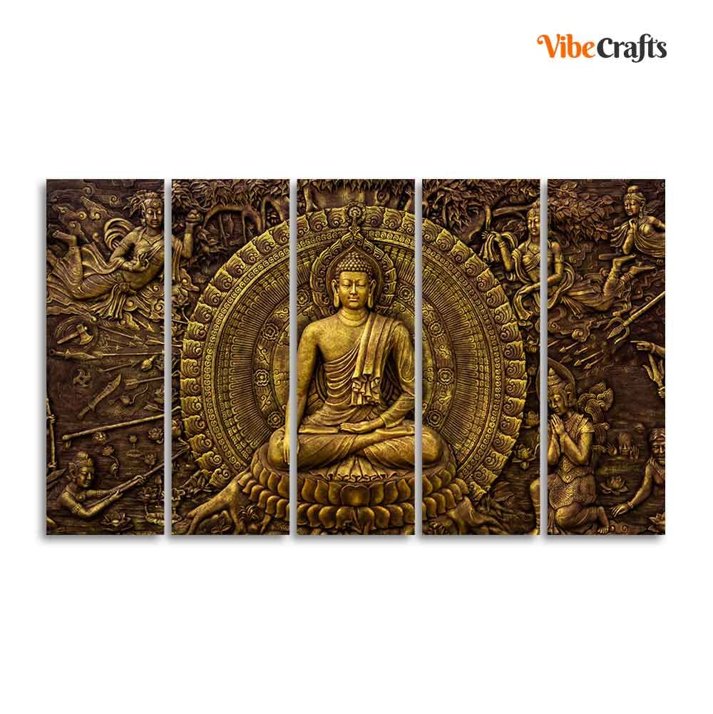 VIBECRAFTS Premium Canvas Wall Painting of Gautam Buddha of Five Pieces For Home|Office|Living Room|Gift (PTVC5Pcs4_8711)