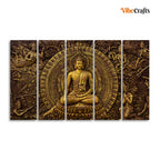 VIBECRAFTS Premium Canvas Wall Painting of Gautam Buddha of Five Pieces For Home|Office|Living Room|Gift (PTVC5Pcs4_8711)