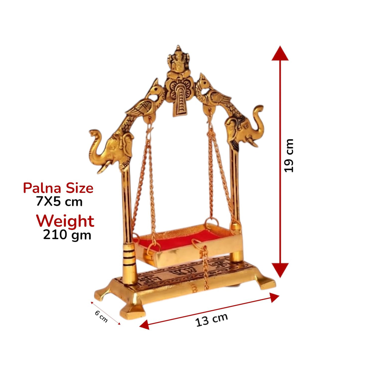 KridayKraft Gold Plated Metal Laddu Gopal Jhula with Elephant & Peacock Carving, Small Swing/Palna for Kanha Ji, Janmashtami & Home Pooja Mandir Decor
