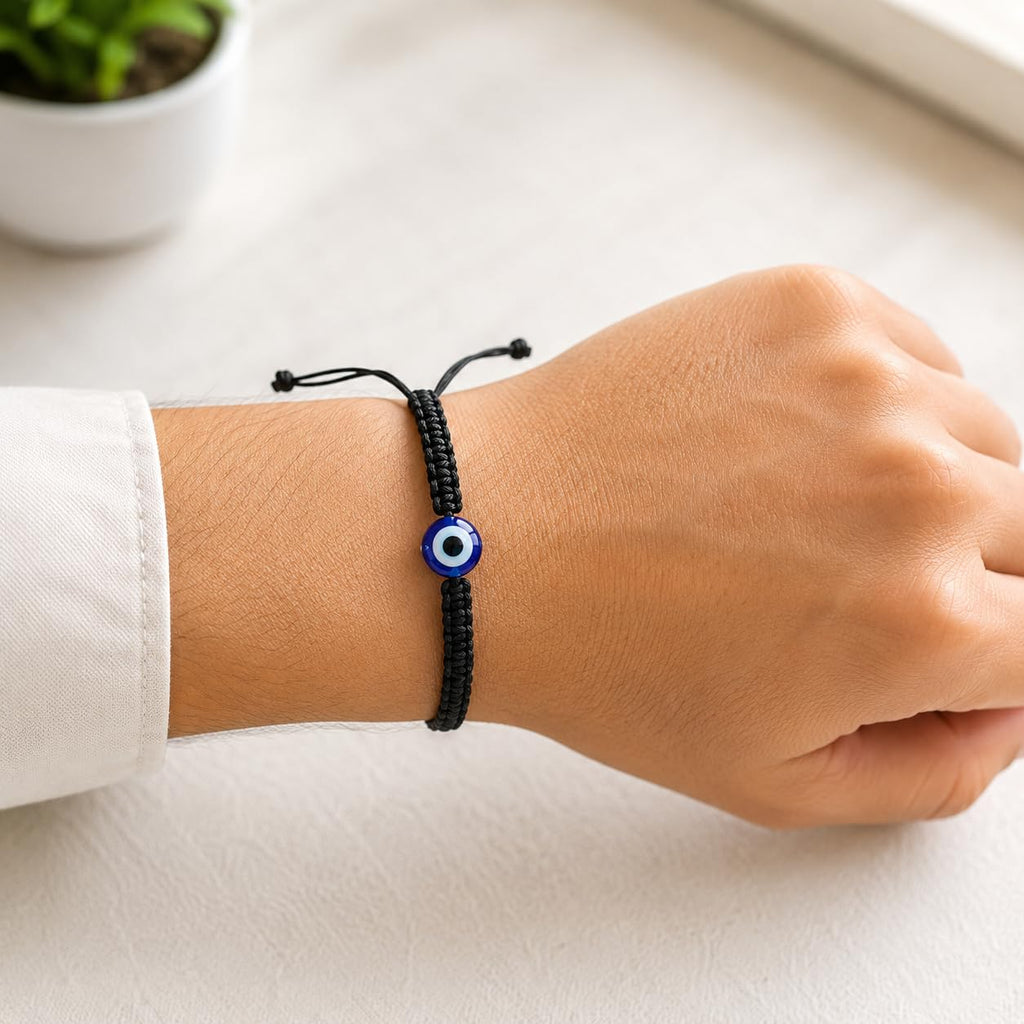 Handmade Evil Eye Bracelet Set of 4 | Black Thread Adjustable Bracelets for Women, Men, Girls & Boys | 6 mm Nazar Charm Protection Wristband