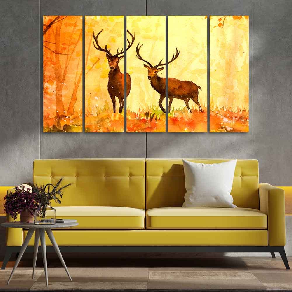 VIBECRAFTS Beautiful Forest Deer Canvas Wall Painting of Five Pieces For Home|Office|Living Room|Gift (PTVC5Pcs4_8592)