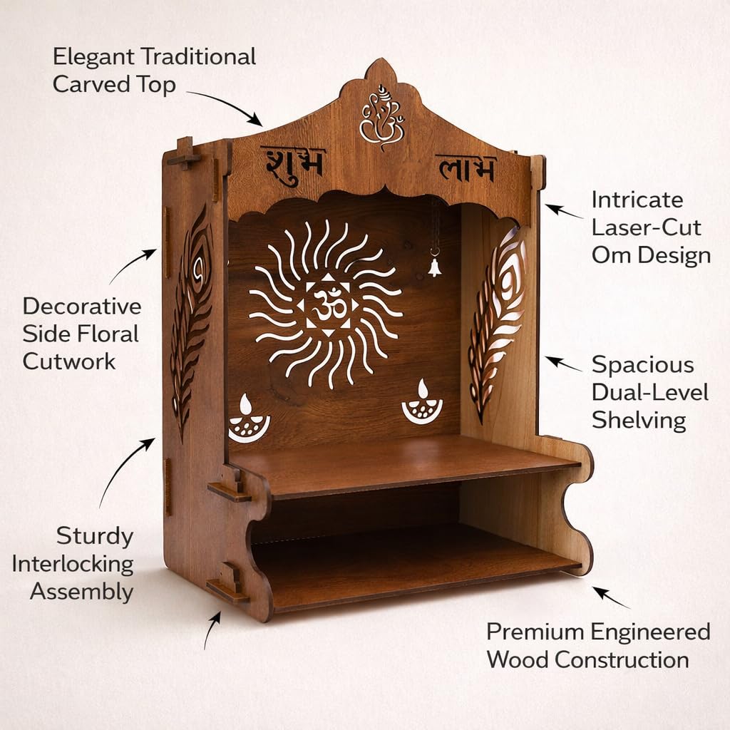 SHIV FURNITURE Mangal Beautiful Wooden Pooja Stand for Home, Temple, Office, Wall Mounted Puja Mandir with LED Spot Light, Size (H- 15.5, L- 11.5, W-11 Inch)