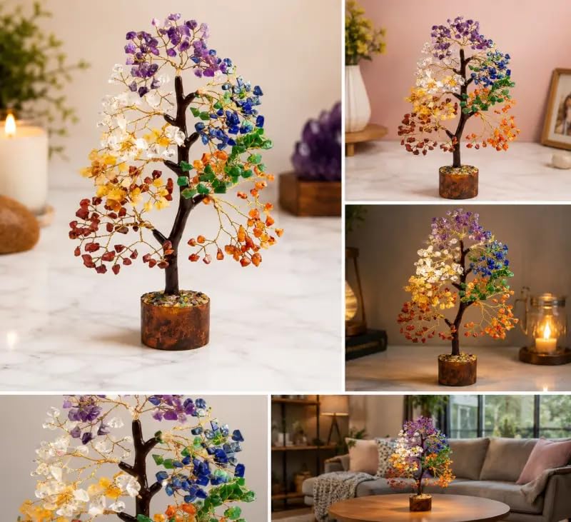 7 Chakra Crystal Tree for Positive Energy & Home Decor | Natural Gemstone Money Tree for Reiki Healing, Feng Shui & Vastu | Handcrafted Crystal Bonsai Showpiece for Office Desk, Living Room & Gift