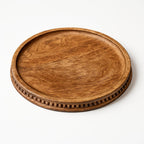 CRAFTYKART Round Wood Serving Tray, Rustic Nesting Trays Stackable Platters for Serving Cakes, Pastries, Snacks, Breakfast,Decorative Wooden Beaded Tray 10 inches Centerpiece for Dining & Coffee Table