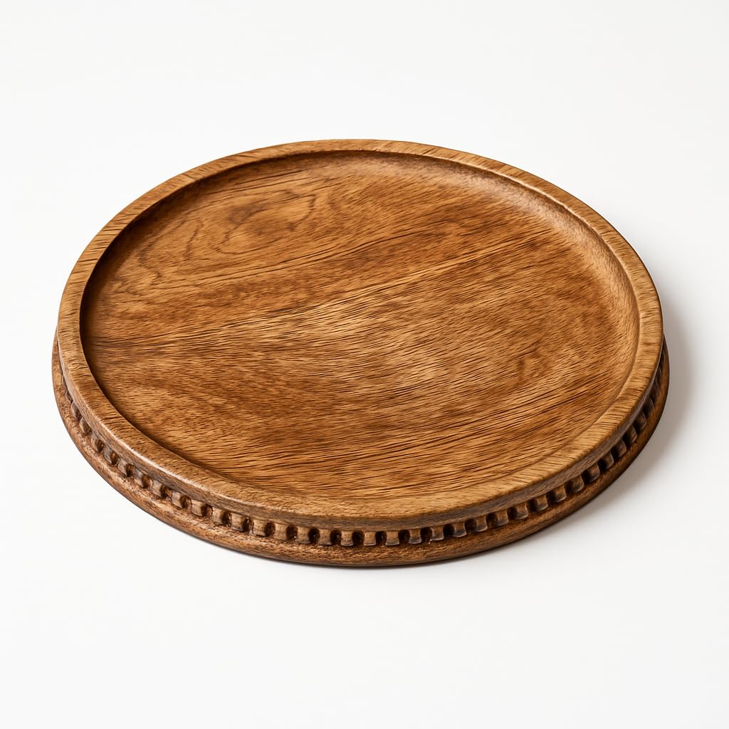 CRAFTYKART Round Wood Serving Tray, Rustic Nesting Trays Stackable Platters for Serving Cakes, Pastries, Snacks, Breakfast,Decorative Wooden Beaded Tray 10 inches Centerpiece for Dining & Coffee Table