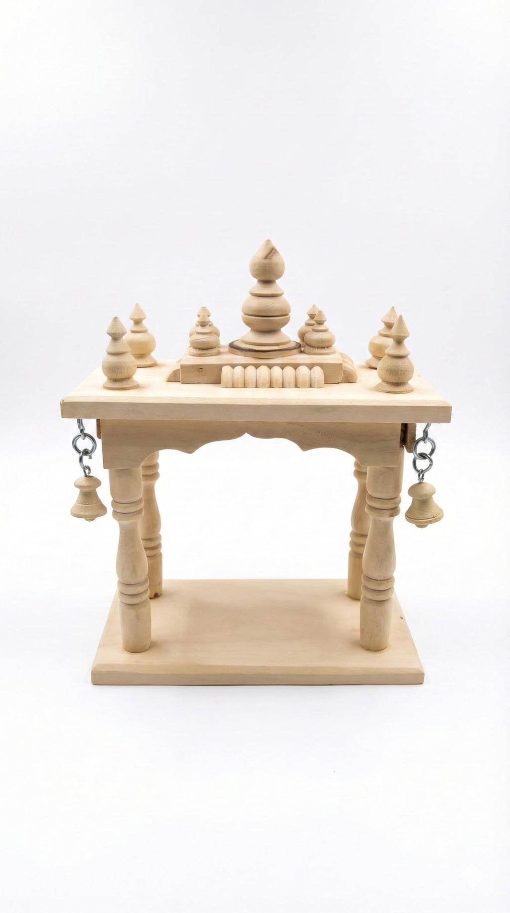 Handcrafted Wooden Temple Mandir for Home – Traditional Pooja Chowki with Bells, Wooden Mandap Stand for Idols, Home Décor & पूजा Setup